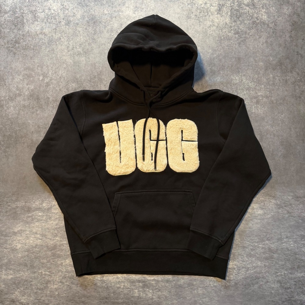 UGG Rey Fuzzy Logo Hoodie Womens Large L Black Cream Boucle Sherpa Applique Tee
